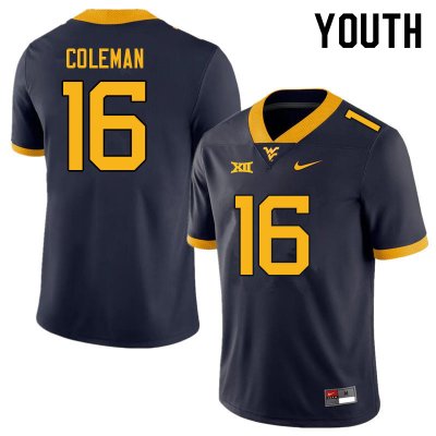 Youth West Virginia Mountaineers NCAA #16 Caleb Coleman Navy Authentic Nike Stitched College Football Jersey ZU15T60SF